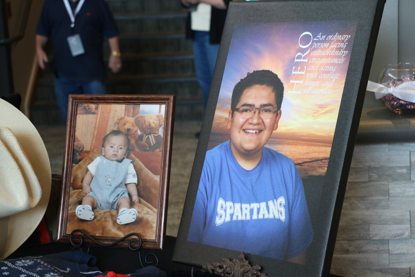 Some of Kendrick Castillo's favorite items, along with an assortment of photos, sat on a table outside of the sanctuary at Cherry Hills Community Church on May 15. Guests were invited to the church to celebrate the life of Castillo, who was killed in the school shooting at STEM School Highlands Ranch.